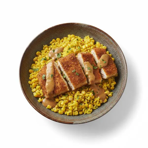Crispy Fish in Creamy Curry over Sweetcorn Rice